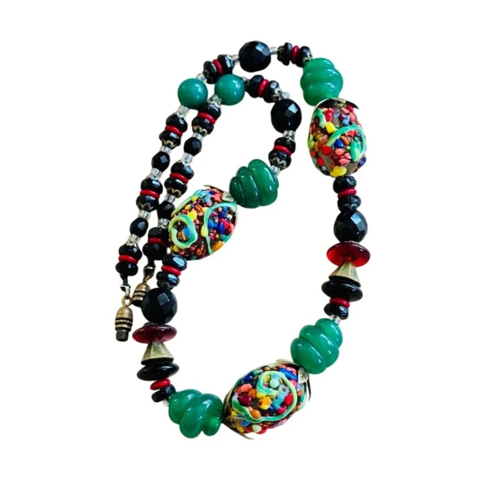 Vtg Confetti Glass Necklace Beaded Venetian Murano Art Deco Italy Colorful 17